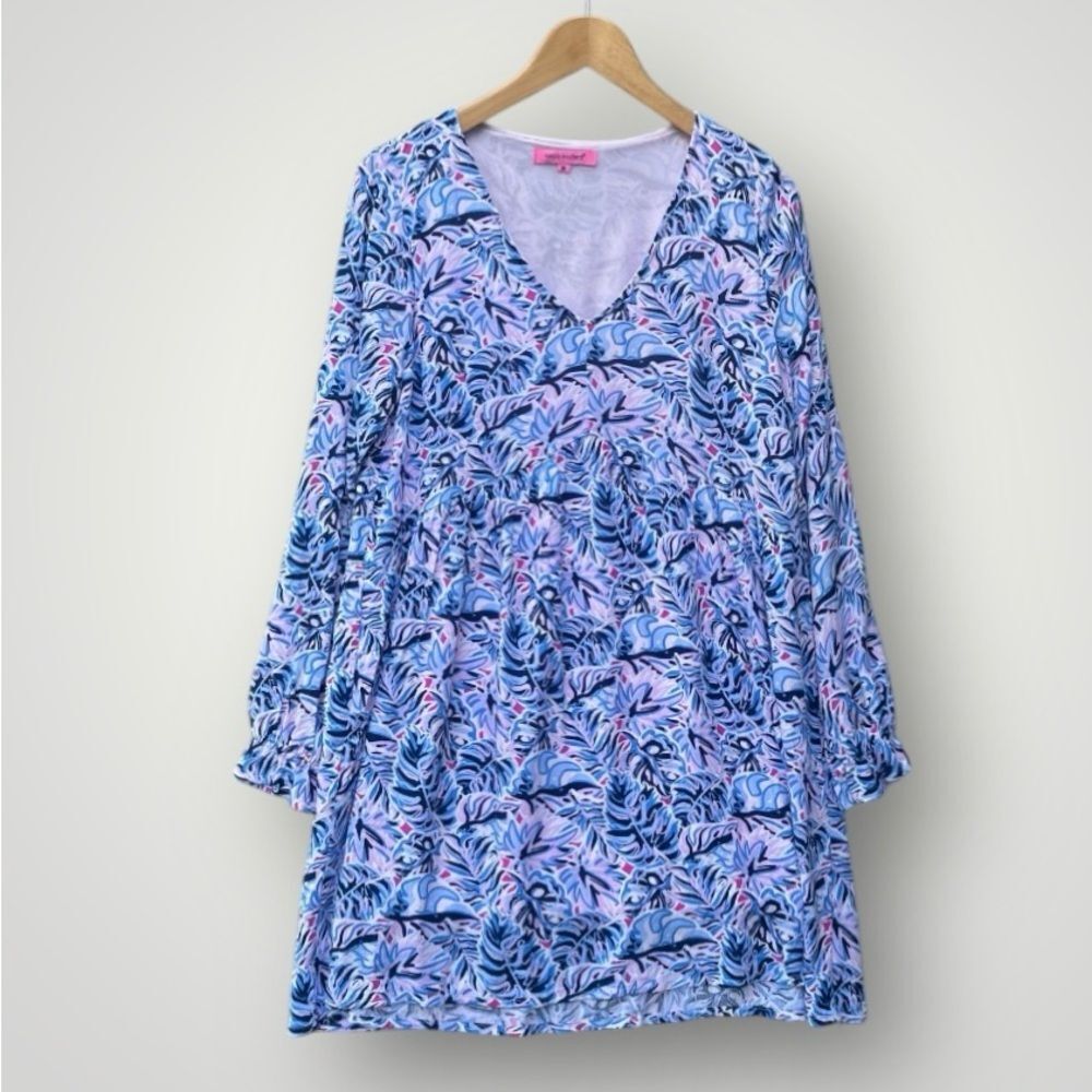 Simply Southern Blue and Pink Floral V‑Neck Long Sleeve Dress